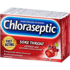 Chloraseptic Fast Acting Sore Throat Lozenges with Soothing Liquid Centre, Cherry Flavour, 15 Lozenges