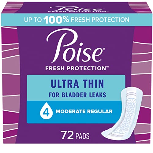 Poise Ultra Thin Incontinence Pads & Postpartum Incontinence Pads, 4 Drop Moderate Absorbency, Regular Length, 72 Count (4 Packs of 18)