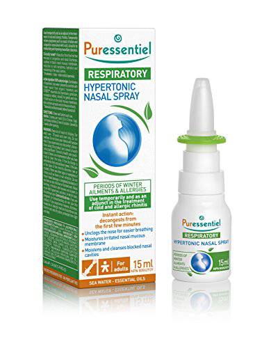 PURESSENTIEL - Respiratory Hypertonic Nasal Spray with 4 essential oils - Decongests the nose for easier breathing - Used to treat winter ailments and allergies - 100% from natural sources - 15ml