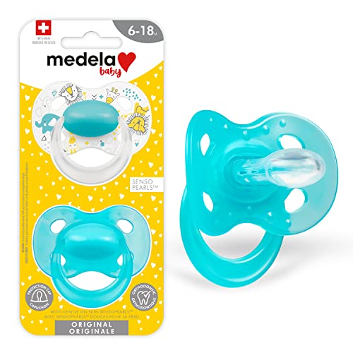 Medela Baby Pacifier | 6-18 Months | BPA-Free | Lightweight & Orthodontic | 2-Pack | Turquoise Blue and White with Baby Animals