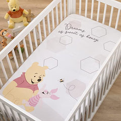 Disney Winnie the Pooh Hugs and Honeycombs Grey and White "Dreams as Sweet as Honey" with Hexagons and Piglet 100% Cotton Photo Op Fitted Crib Sheet