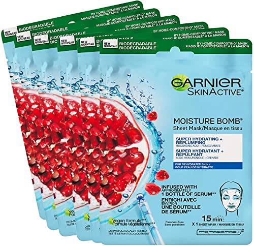 Garnier Moisture Bomb Super Hydrating Sheet Mask with Hyaluronic Acid and Pomegranate, 6 Pack, 6 x 28 g