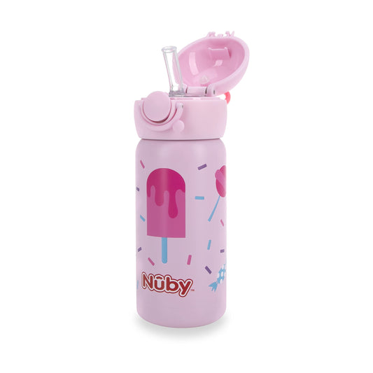 Nuby Thirsty Kids No Spill Flip-It Active Stainless Steel Travel Cup, 14 Oz, Ice Cream