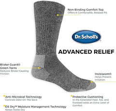 Dr. Scholl's Men's Advanced Relief Blisterguard Socks - 2 & 3 Pair Packs - Non-Binding Cushioned Moisture Management, Olive, Gray, 7-12