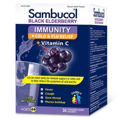 Sambucol Black Elderberry Immunity Powder | Immune Support & Antioxidant | Cold & Flu Relief + Vitamin C | Great Berry Taste | Natural Health Product, Ages 4+ | 30 Powdered Drink Sachets