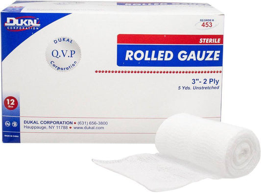 Dukal Rolled Gauze Bandages, Non-Sterile, 3" x 5 yd, Package of 12