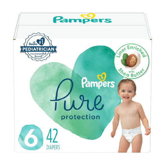 Diapers Size 6, 42 Count - Pampers Pure Protection Disposable Baby Diapers, Hypoallergenic and Unscented Protection, Super Pack (Packaging & Prints May Vary)