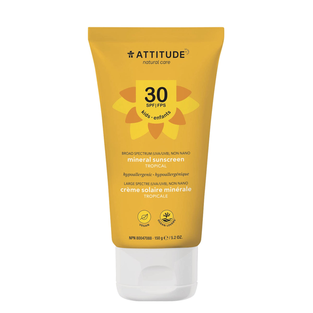 ATTITUDE Sunscreen Cream for Baby and Kids, Broad Spectrum UVA and UVB, Hypoallergenic, Plant and Mineral-Based Formula, Vegan and Cruelty-free Sun Care Products, SPF 30, Tropical, 150 grams