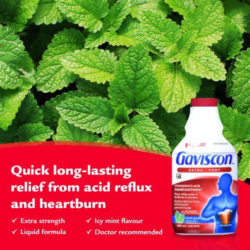 Gaviscon Liquid Extra Strength Antacid - 600 ml - Antacid Liquid for Day and Night Heartburn Relief, Acid Reflux and GERD Relief, Icy Mint- Free of Aluminum, Lactose and Gluten