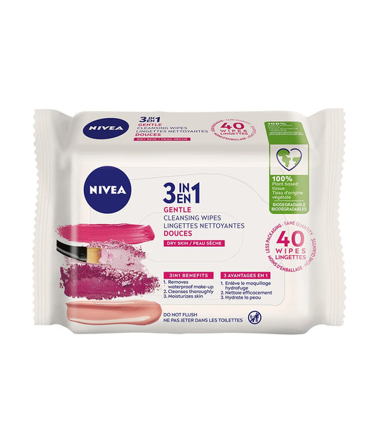 NIVEA 3-in-1 Biodegradable Face Cleansing & Make-Up Removing Wipes for Dry Skin, 40 Wipes