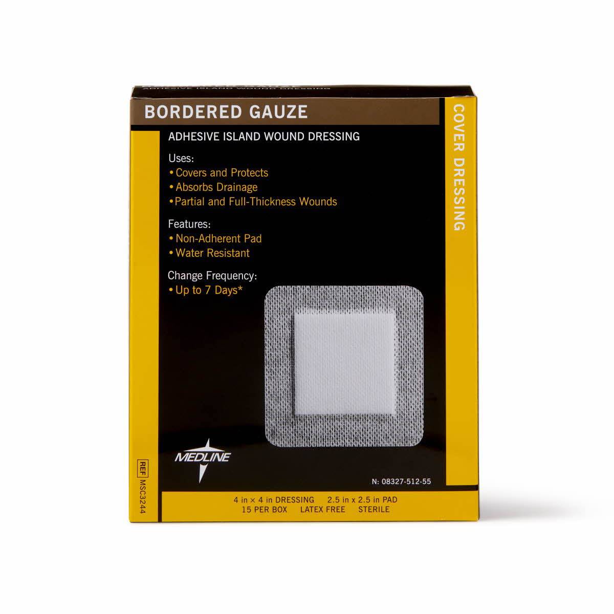 Medline Bordered Gauze Adhesive Island Wound Dressing, 4" x 4" with 2.5" x 2.5" Pad, 15 Per Box