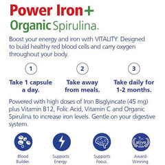 VITALITY Power Iron + Organic Spirulina 120 Veg Capsules (120 Days) - Boosts Energy with Iron Bisglycinate, Vitamin B12, Folic Acid, Vitamin C to Build Blood, Boost Energy