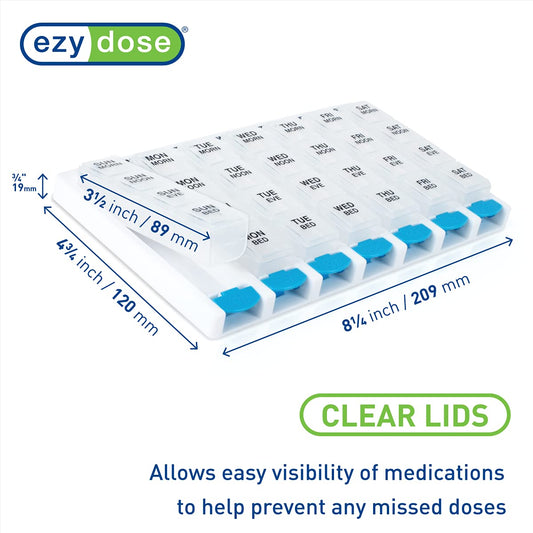 EZY DOSE Weekly (7 Day) 4 Times a Day Push Button Pill Organizer and Vitamin Planner, Removable Daily Pillboxes, Patented Design, Assorted Colors, Clear, Large