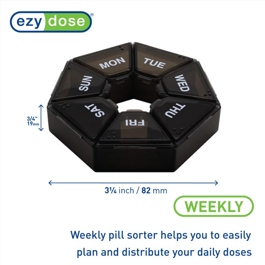 EZY DOSE Weekly Pill Organizer and Planner, Travel Pill Planner, 7-Sided, Black