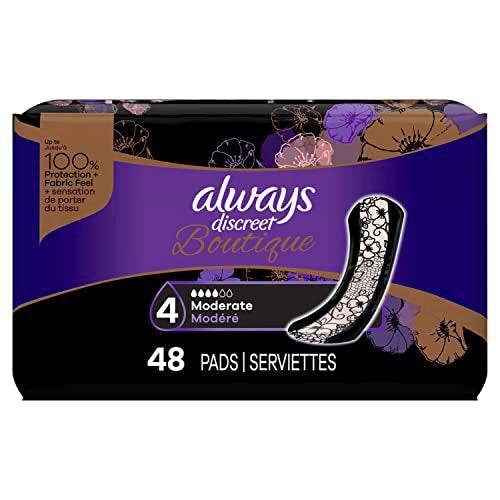 Always Discreet Boutique, Incontinence & Postpartum Pads For Women, Size 4 Drops, Moderate Long Absorbency, 48 Count