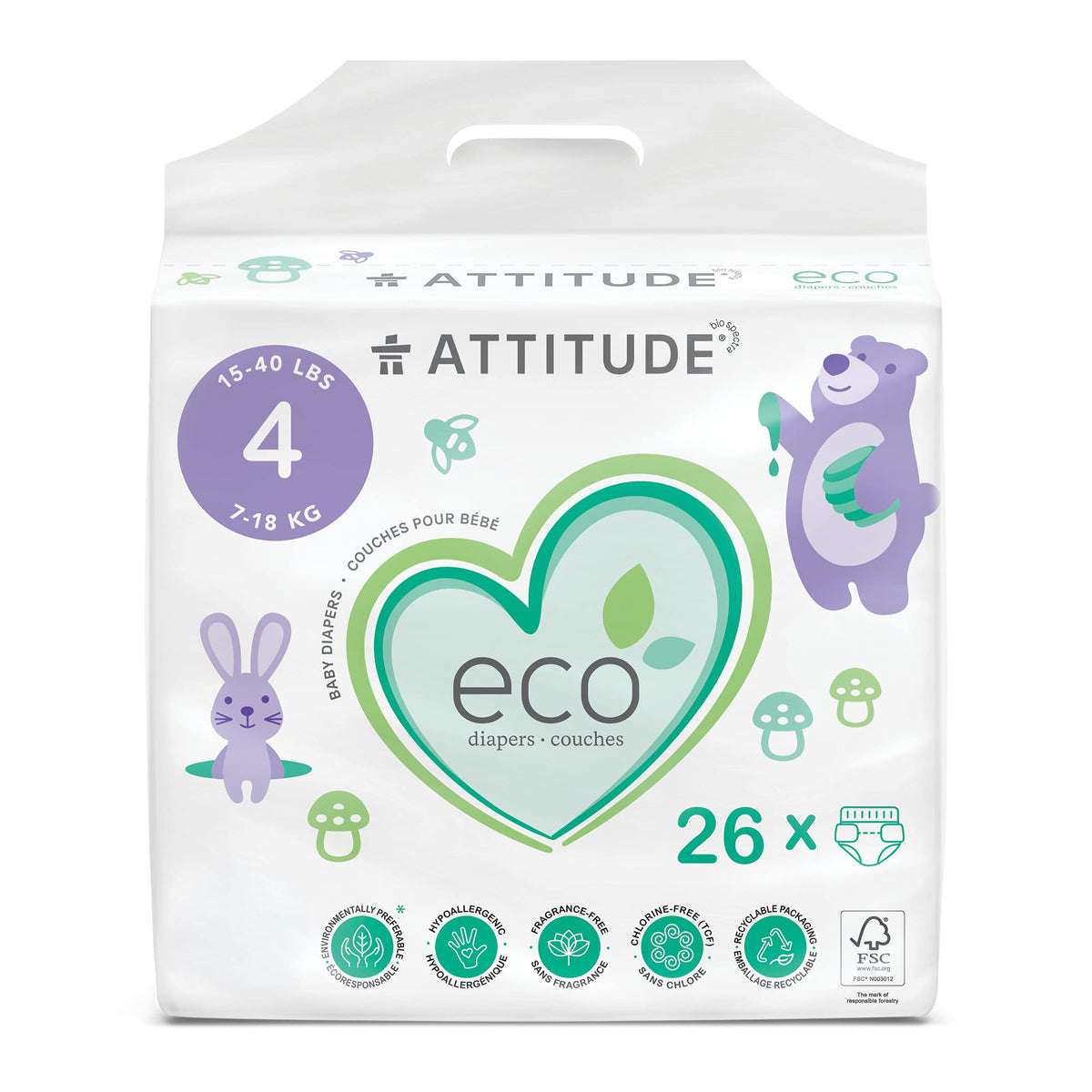 ATTITUDE Baby Diapers, Eco-friendly, Safe for Sensitive Skin, Chlorine-Free & Leak-Free, Plain White, Size 4 (15-40 lbs / 7-18 kg), 26 Count