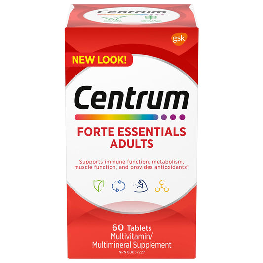 Centrum Adult Forte Essentials Mulitvitamins/Minerals Supplement for Men & Women, 60 Tablets (Packaging May Vary)