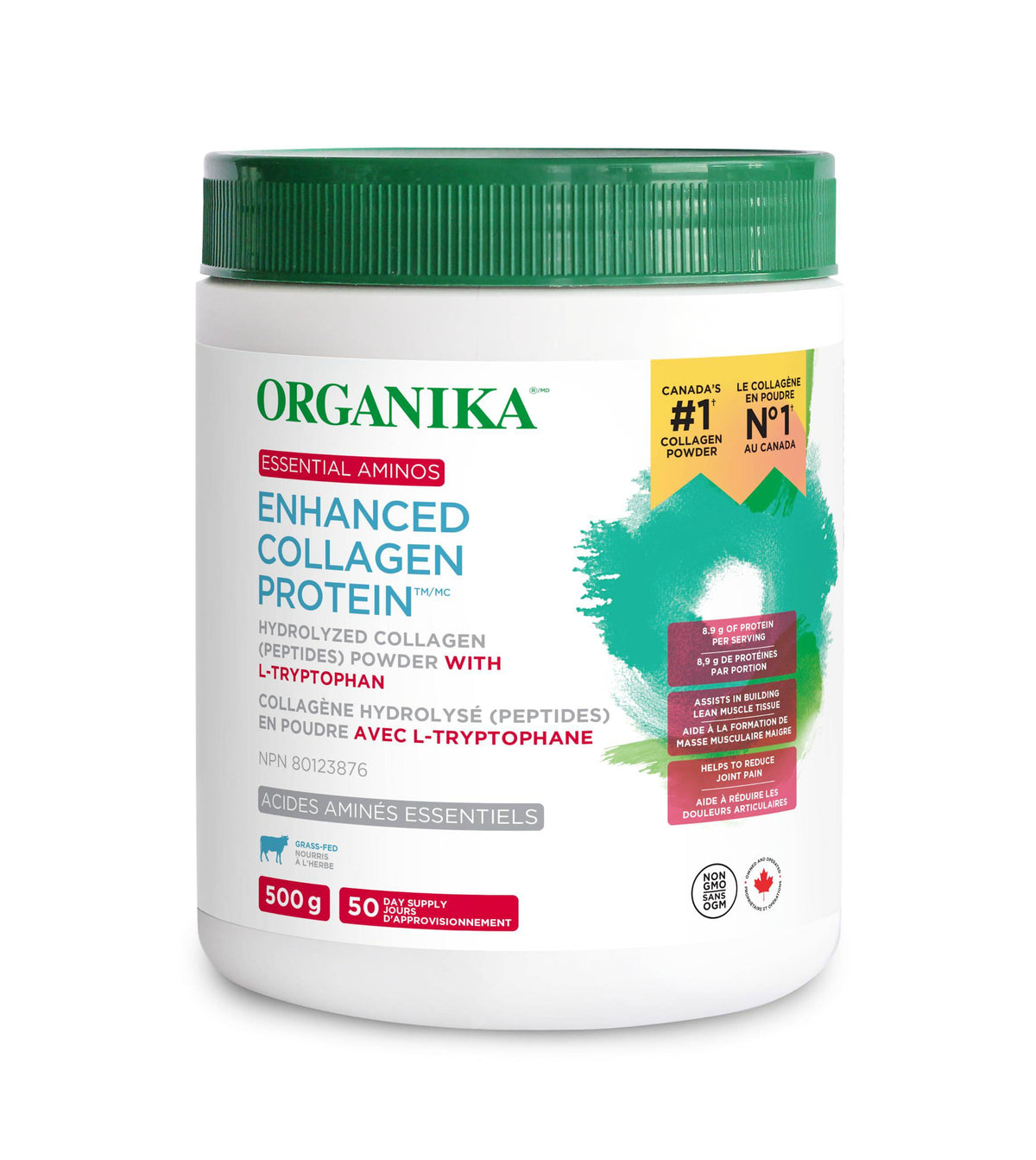 Organika Enhanced Collagen Protein Essential Aminos - Complete Essential Amino Profile for Muscle Growth and Recovery, Joint Support, and Skin Hydration - Grass Fed, Unflavoured - 500g, 50 Servings