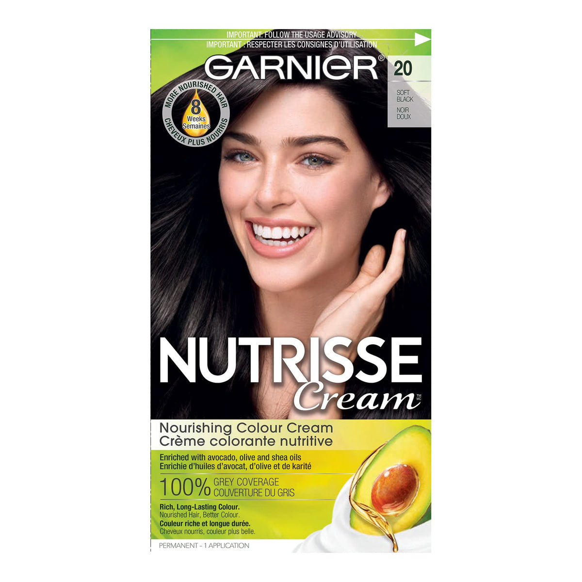 Garnier Nutrisse Cream, Permanent Hair Colour, 20 Soft Black, 100% Grey Coverage, Nourished Hair Enriched With Avocado Oil, 1 Application