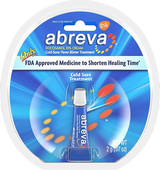 Abreva Only FDA Approved Cold Sore Treatment/Fever Blister Medicine to Shorten the Duration of Healing Time, Docosanol 10% Cream, Tube, 0.07 Ounces