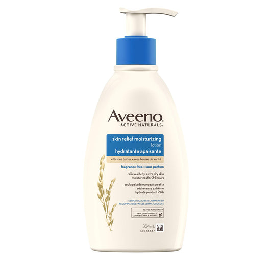 Aveeno Skin Relief Moisturizing Body Lotion With Natural Shea Butter & Triple Oat Complex, Unscented Moisturizer for Extra Dry, Itchy or Sensitive Skin, Fragrance Free, 354mL (Packaging May Vary)