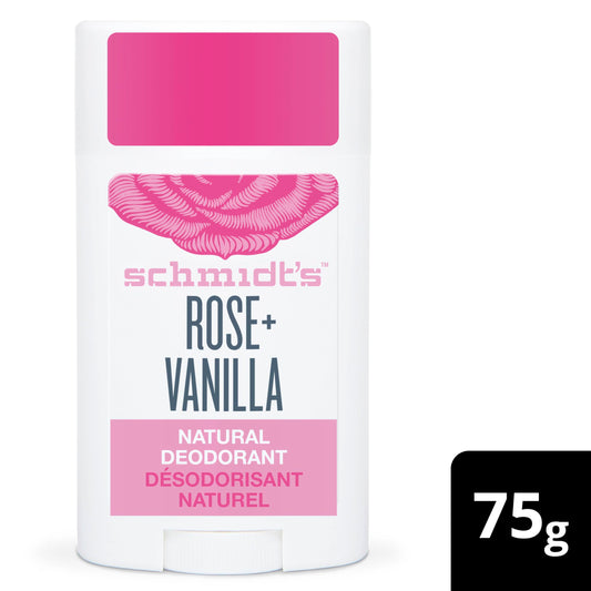 Schmidt's Natural Deodorant for Women and Men Rose & Vanilla with 48 Hour Odour Protection, Certified Natural Vegan Deodorant, 75 g 12 count