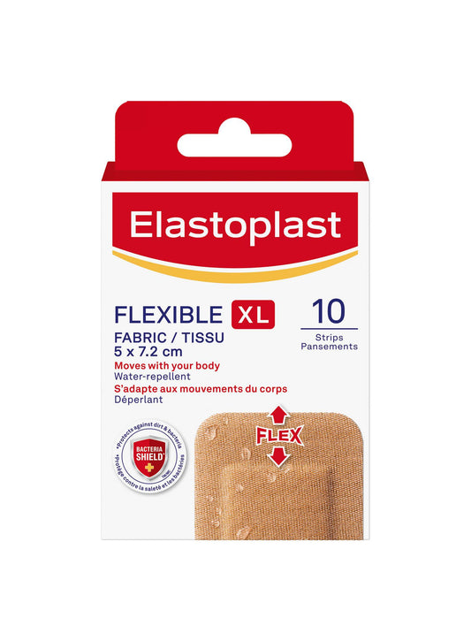 Elastoplast Flexible Fabric XL Adhesive Bandages, 10 Strips, beige | Larger Pad for Better Coverage | Extra Flexible | Adapts to all your movements | Strong Adhesion | Breathable Material | Water-repellent | Bacteria Shield | Latex Free