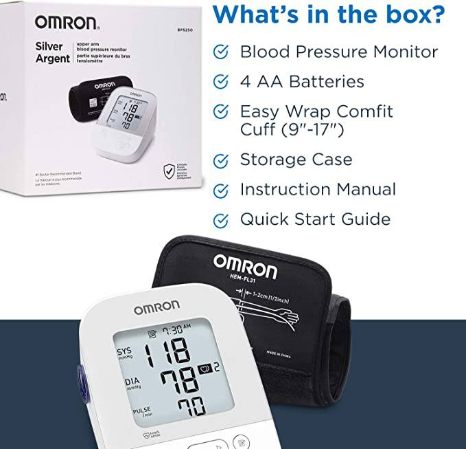 OMRON Silver Blood Pressure Monitor, Upper Arm Cuff, Digital Bluetooth® Blood Pressure Machine, Stores Up to 80 Readings - Zecoya