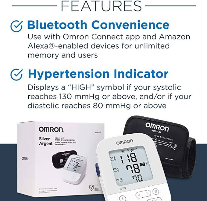 OMRON Silver Blood Pressure Monitor, Upper Arm Cuff, Digital Bluetooth® Blood Pressure Machine, Stores Up to 80 Readings - Zecoya