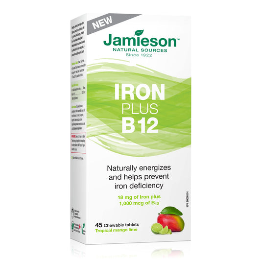 Jamieson Iron plus Vitamin B12 Chewable - 18 mg Iron with 1,000 mcg Vitamin B12, Tropical Mango Lime Flavour (Packaging May Vary)