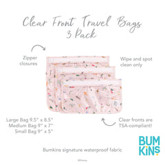 Bumkins Disney Travel Bag, Toiletry, TSA Approved Pouch, Zip Bag, Quart Size Airline Compliant, Clear-Sided, Baby, Diaper Bag Organization, Accessories, Packing, Set of 3 Sizes, Princess Magic Pink