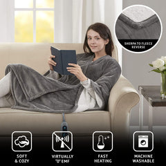 Beautyrest Reversible Faux Sherpa to Fleece Electric Wrap Poncho Blanket Shawl Wearable, Auto Shut Off, Virtually Zero EMF, Multi Heat Setting, UL Certified, Machine Washable, Grey 50" x 64"