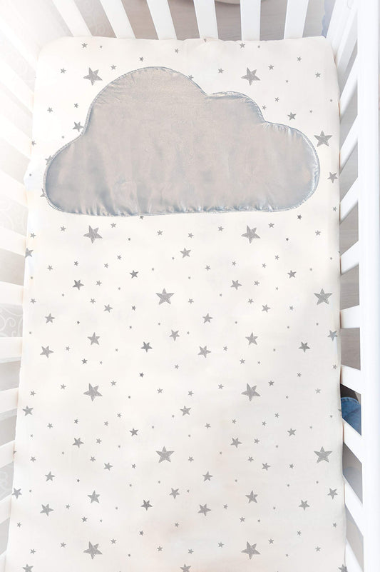 Kushies Crib Sheet Flannel with Satin Cloud Grey Feathers