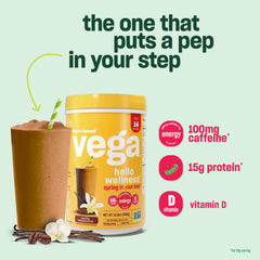 Vega Hello Wellness Spring in Your Step Protein Powder, Vanilla Cappuccino (14 Servings) Plant Based Vegan Protein Powder, 100mg Caffeine, Vitamin D, 390g (Packaging May Vary)