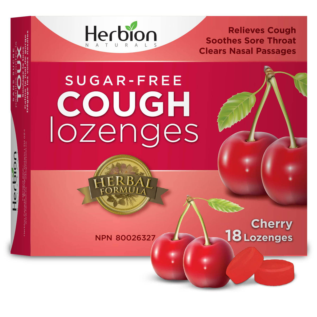 Herbion Naturals Sugar-Free Cough Lozenges with Natural Cherry Flavour, 18 Lozenges - Relieves Cough and Nasal Congestion; Soothes Sore Throat; For Adults and Children 12 years and above