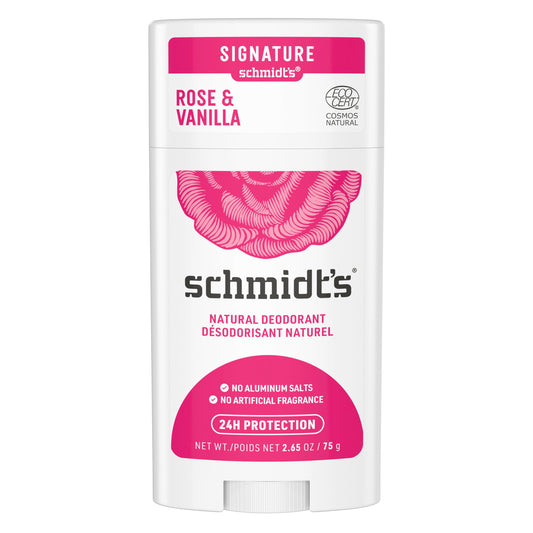 Schmidt's Natural Deodorant for Women and Men Rose & Vanilla with 48 Hour Odour Protection, Certified Natural Vegan Deodorant, 75 g 12 count