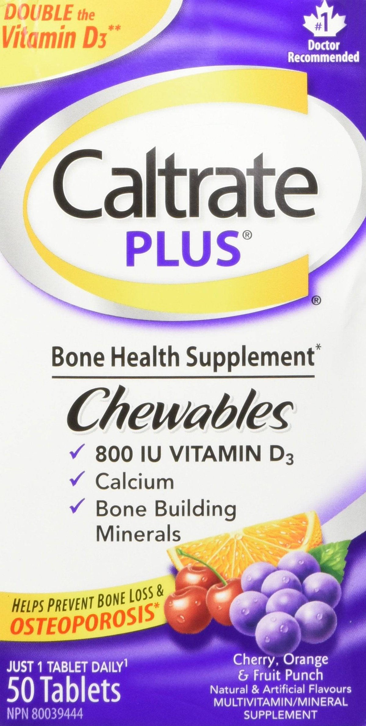 Caltrate Plus Chewables (50 Count, Cherry, Orange, Fruit Flavour), Calcium/Vitamin D3 Supplement