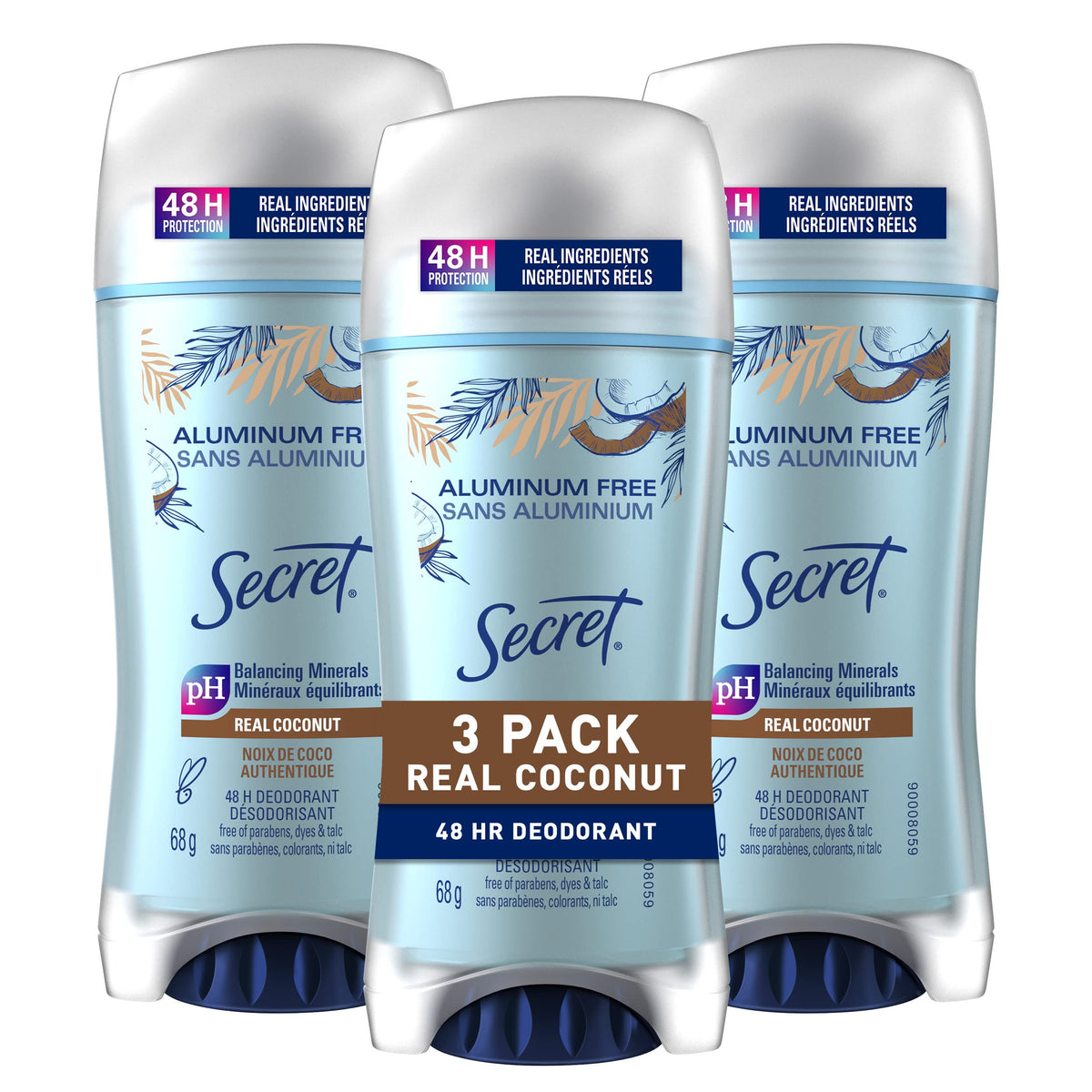 Secret Deodorant for Women Aluminum Free, Invisible Solid, Coconut Scent, 68g (Pack of 3)