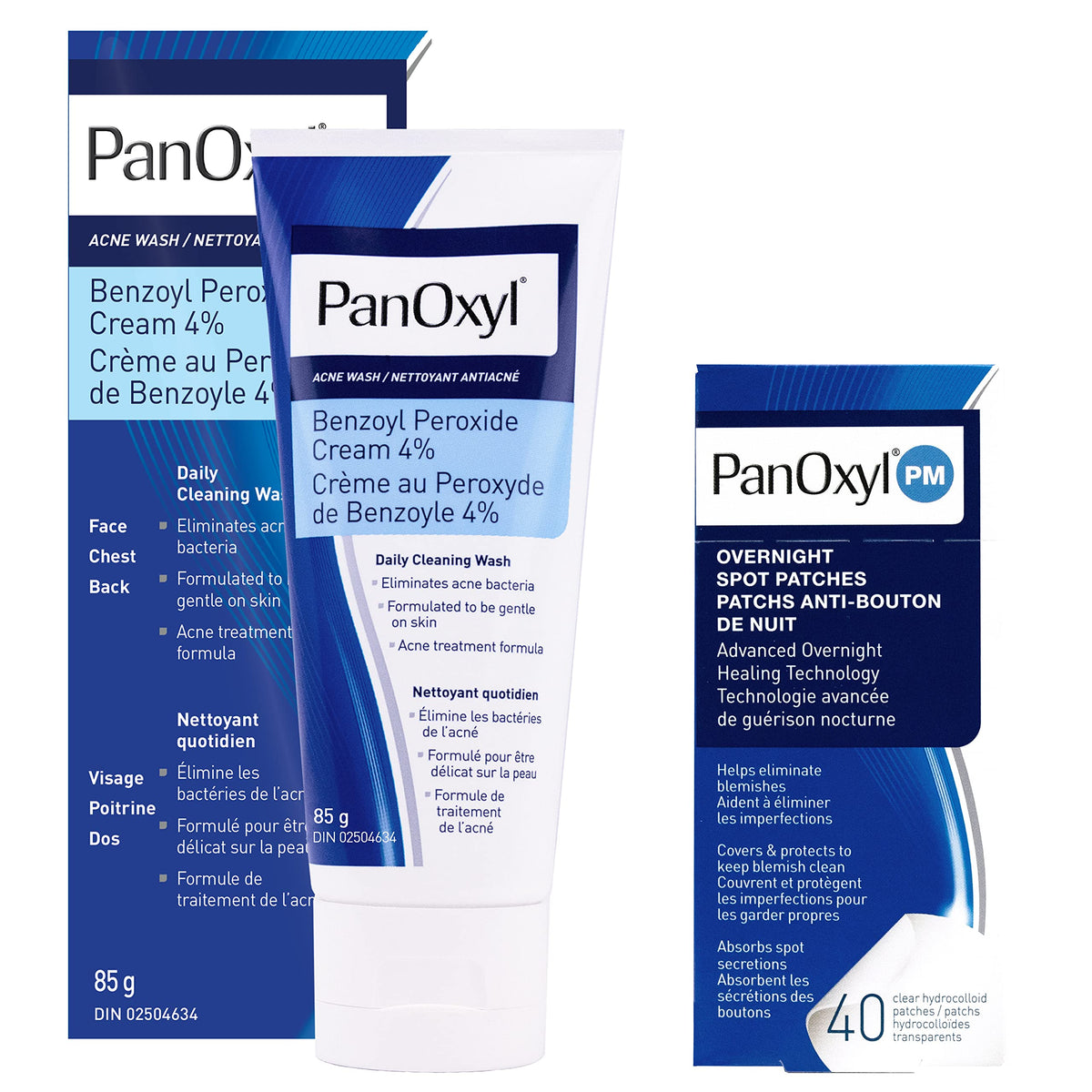 PanOxyl 4% Benzoyl Peroxide Face Wash and 40 Count PM Patches Bundle