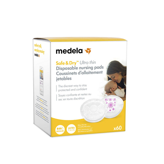 Medela Safe & Dry Ultra Thin Disposable Nursing Pads, 60 Count Breast Pads for Breastfeeding, Leakproof Design, Slender and Contoured for Optimal Fit and Discretion