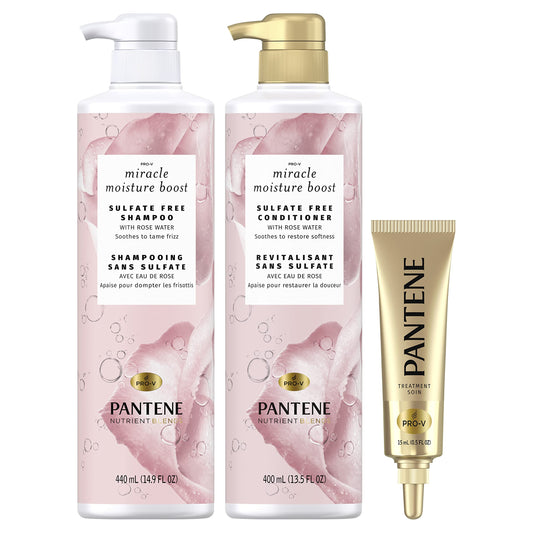 Pantene Sulfate Free Shampoo And Conditioner Set With Rose Water And Hair Treatment, Nutrient Blends Miracle Moisture Boost (855 mL Total)