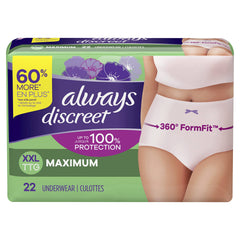 Always Discreet, Incontinence & Postpartum Underwear For Women, Maximum Protection, XX-Large, 22 Count