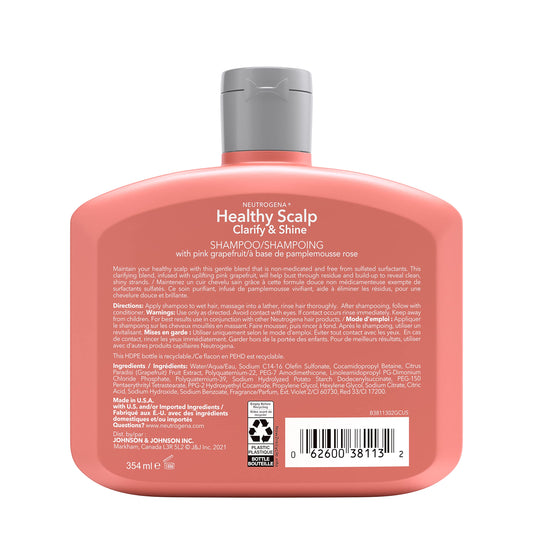 Neutrogena Exfoliating Healthy Scalp Clarify & Shine Shampoo for Oily Hair and Scalp, Anti-Residue Shampoo with Pink Grapefruit, pH-Balanced, Paraben & Phthalate-Free, Color-Safe, 354 ml.