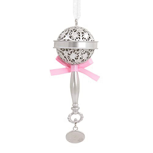 Hallmark Baby's First Christmas Silver Baby Rattle with Pink Ribbon 2023 Christmas Ornament, Premium Metal